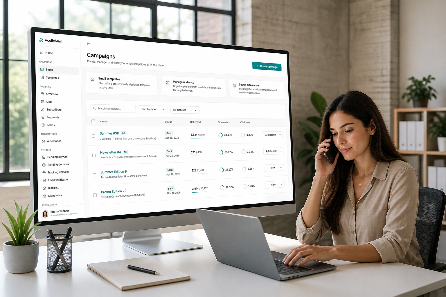 A marketer running her email campaigns on AcelleMail