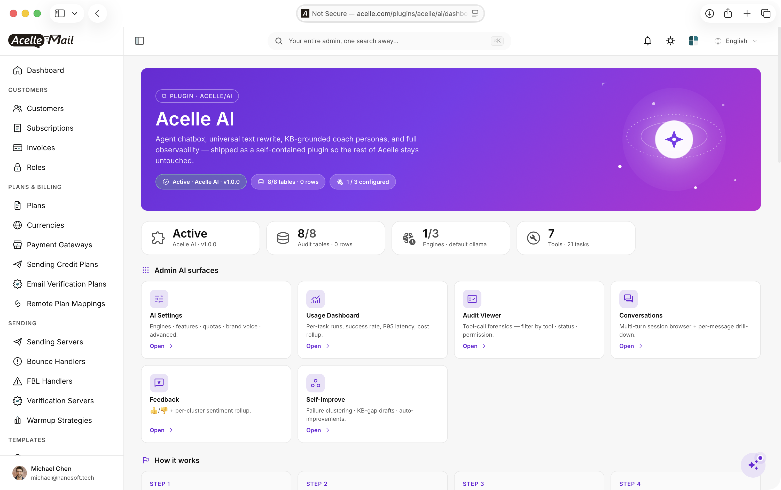 Aurius 4.0 plugin dashboard inside AcelleMail showing the violet Acelle AI hero card with status, audit tables, engines, and tools — plus the six admin AI surfaces grid.