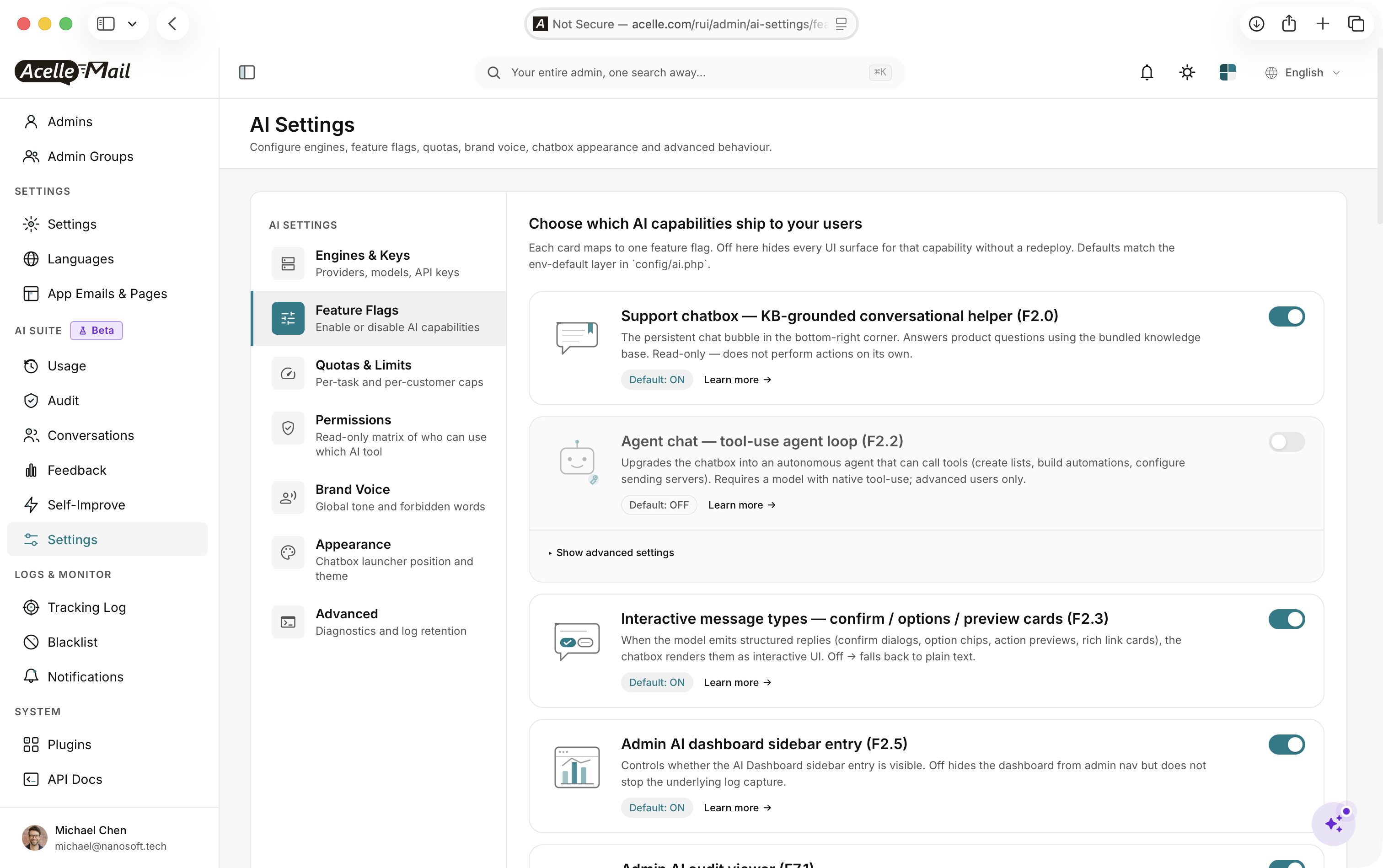 AI Settings Feature Flags panel — Support chatbox, Agent chat, Interactive message types, Admin AI dashboard sidebar entry. Toggles with default ON / OFF and 'Learn more' links.