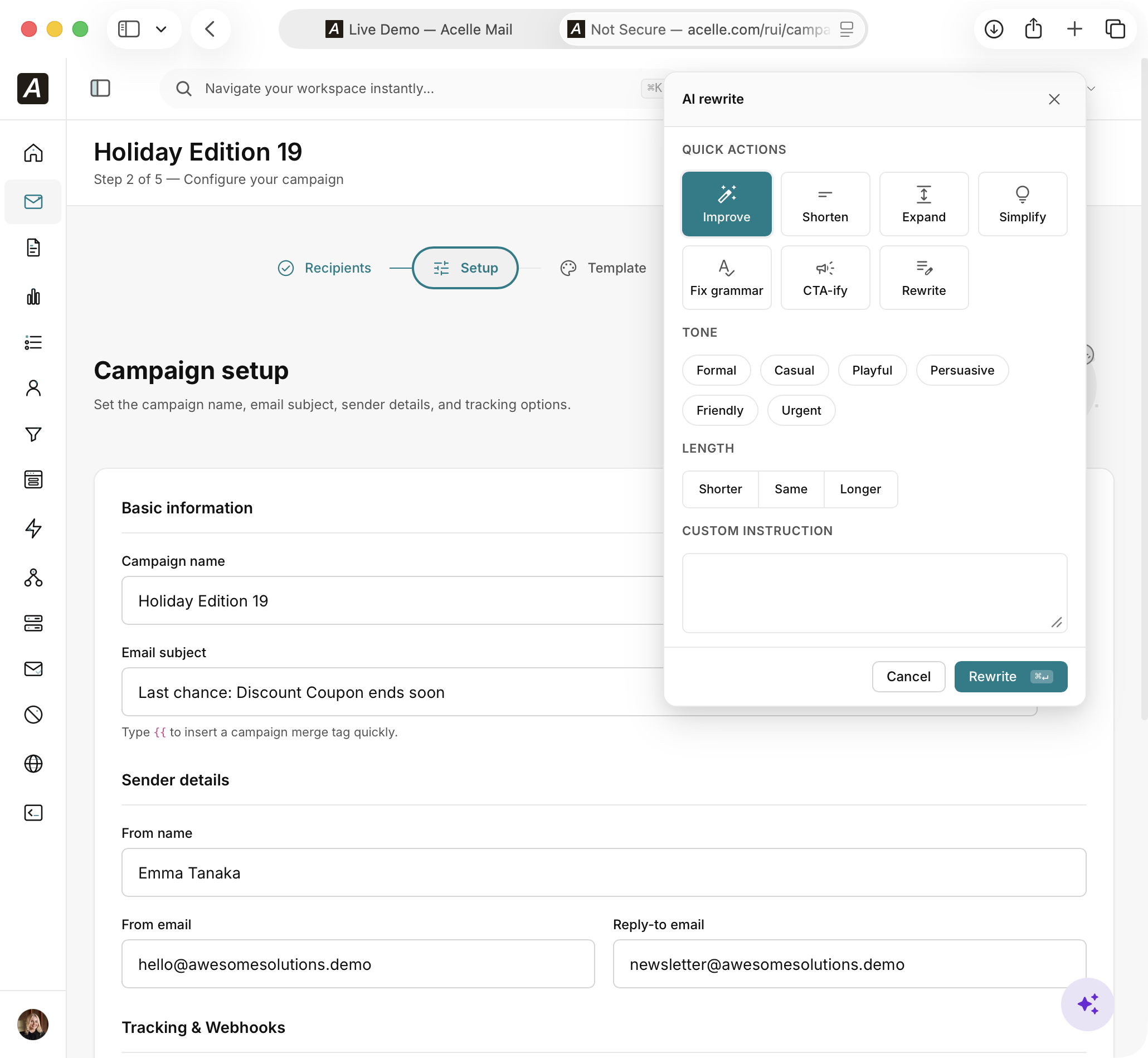The ✨ sparkle rewrite popover on a campaign-setup screen, showing Quick Actions (Improve, Shorten, Expand, Simplify, Fix grammar, CTA-ify, Rewrite), Tone presets, Length presets, and a Custom Instruction box.