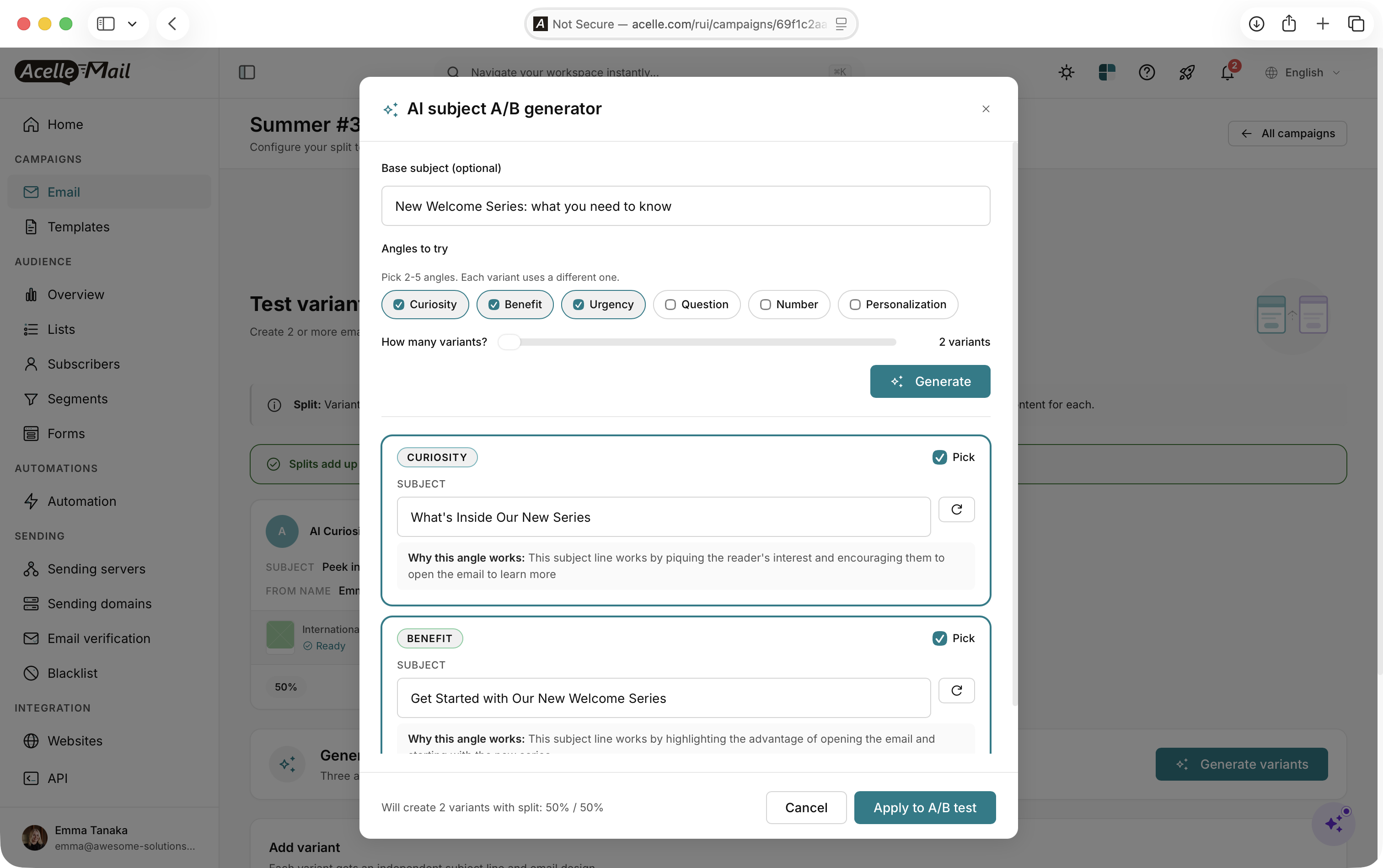 AI Subject A/B Generator with base subject 'New Welcome Series: what you need to know', selected angles Curiosity, Benefit, Urgency, and generated variant cards with explanations and 'Apply to A/B test' actions.