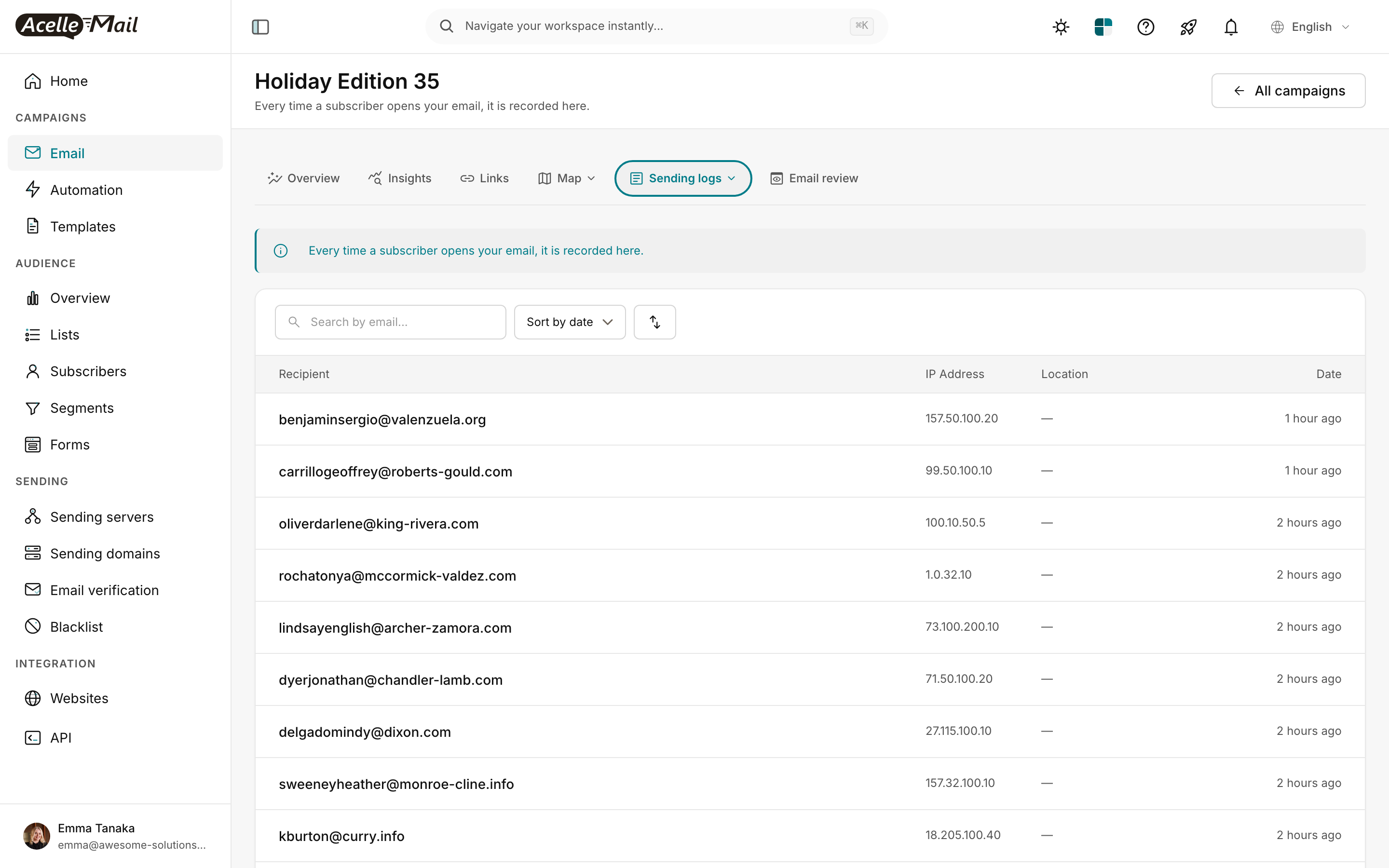 Open log view (Sending logs tab) for "Holiday Edition 35" showing per-recipient open records with columns Recipient · IP Address · Location · Date. Multiple rows show subscribers (benjamin@valenzuela.org, carrillogeoffrey@roberts-gould.com, etc.) opened from IPs like 157.50.100.20, 99.50.100.10, 100.10.50.5, with Location dashes (—) and dates "1 hour ago" / "2 hours ago".