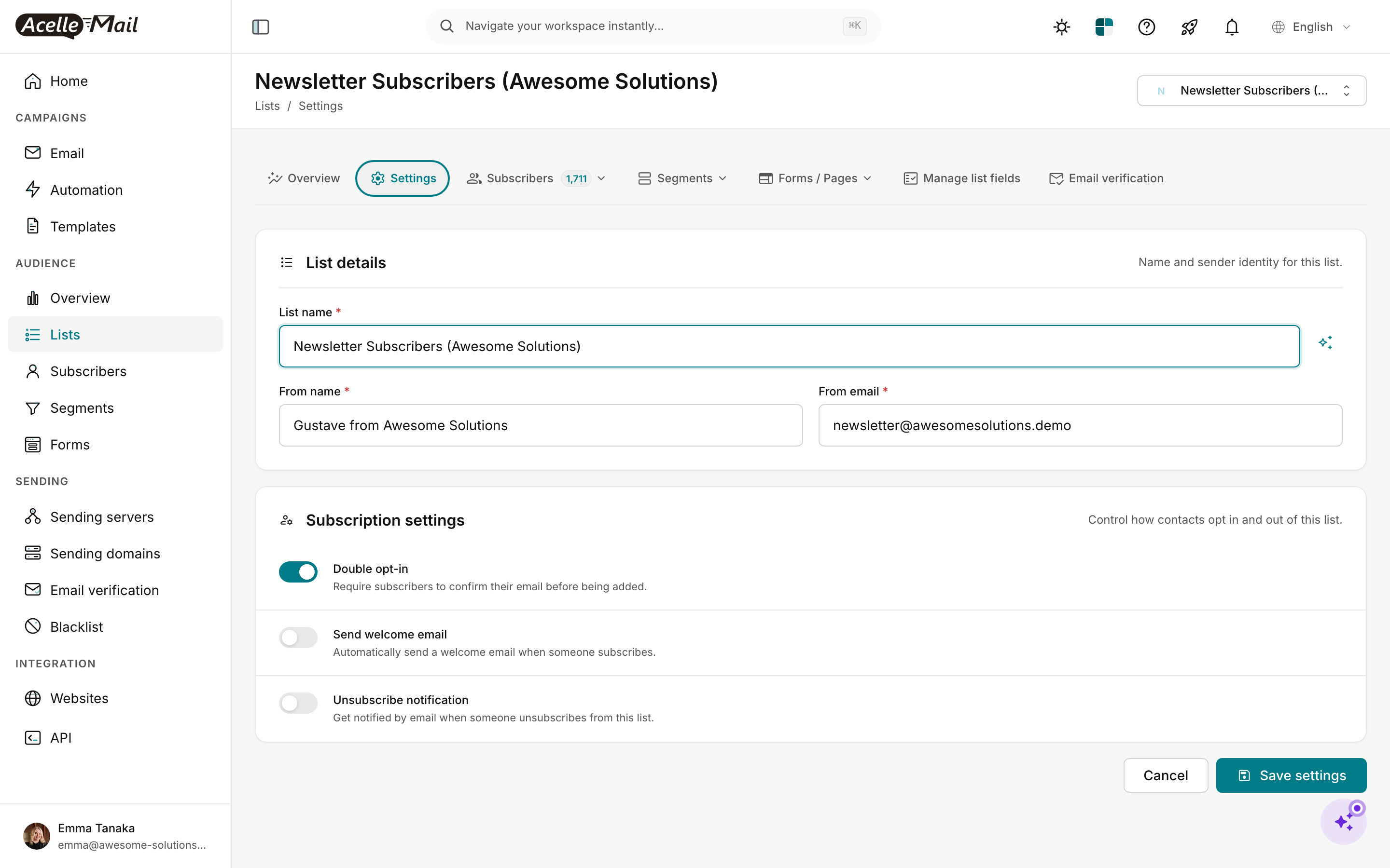 List Settings page for "Newsletter Subscribers (Awesome Solutions)" showing the List details card (List name, From name "Gustave from Awesome Solutions", From email) and a Subscription settings card with three toggles: Double opt-in (ON — teal), Send welcome email (OFF), Unsubscribe notification (OFF). Each toggle has help text. Cancel + Save settings buttons at bottom.