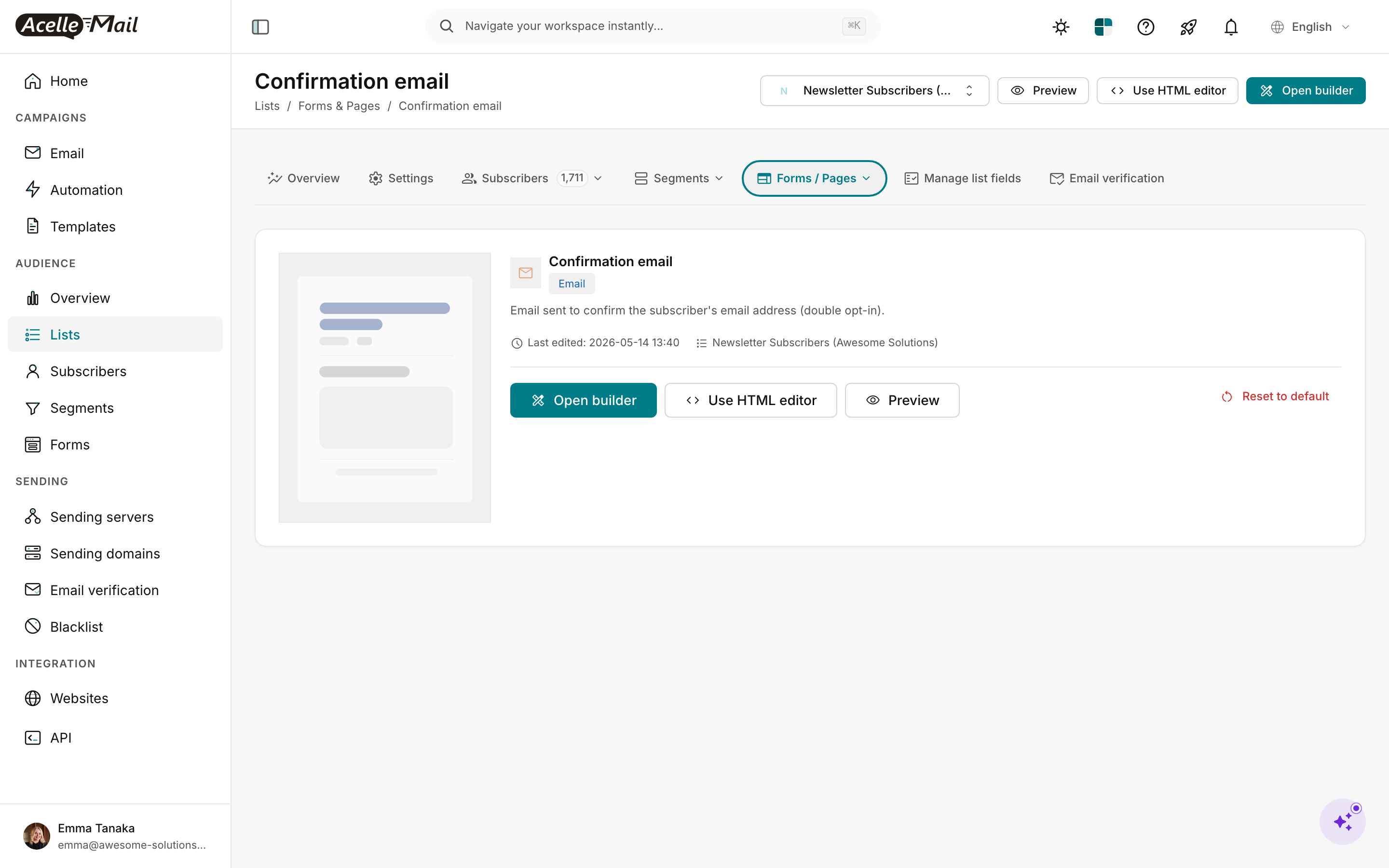 Confirmation email template page with the heading "Confirmation email" + Email badge, description "Email sent to confirm the subscriber's email address (double opt-in)", last edited timestamp, list name shown, and three action buttons: Open builder (teal), Use HTML editor, Preview — plus a "Reset to default" link on the right