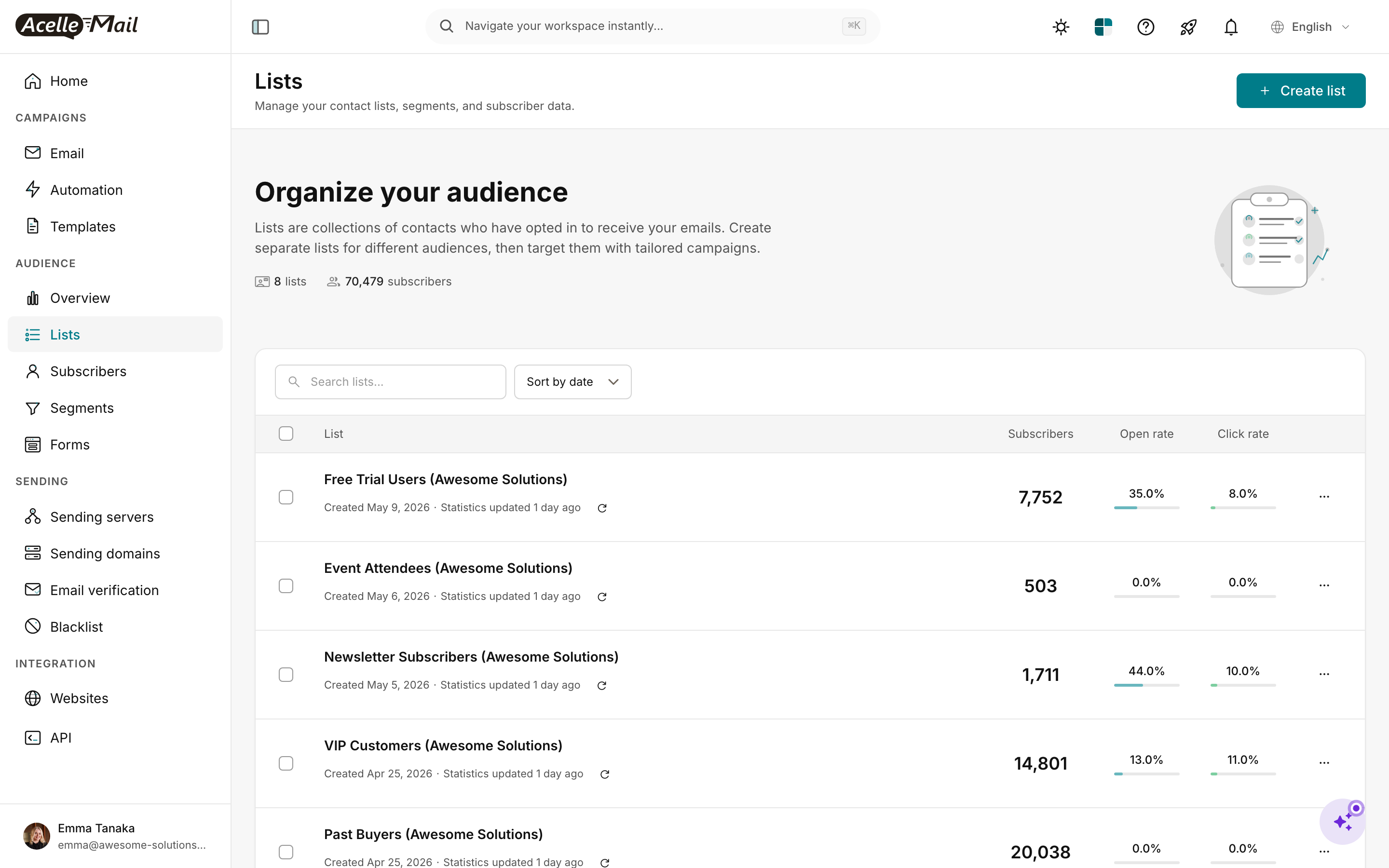 Lists index — create the destination list before import