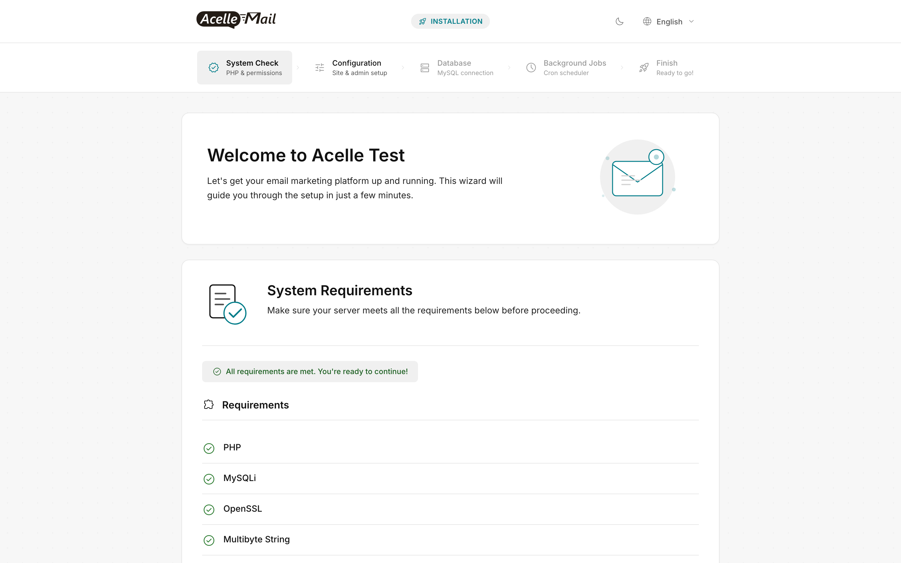 AcelleMail install wizard welcome page showing the 5-step top nav and the System Requirements card with green checkmarks
