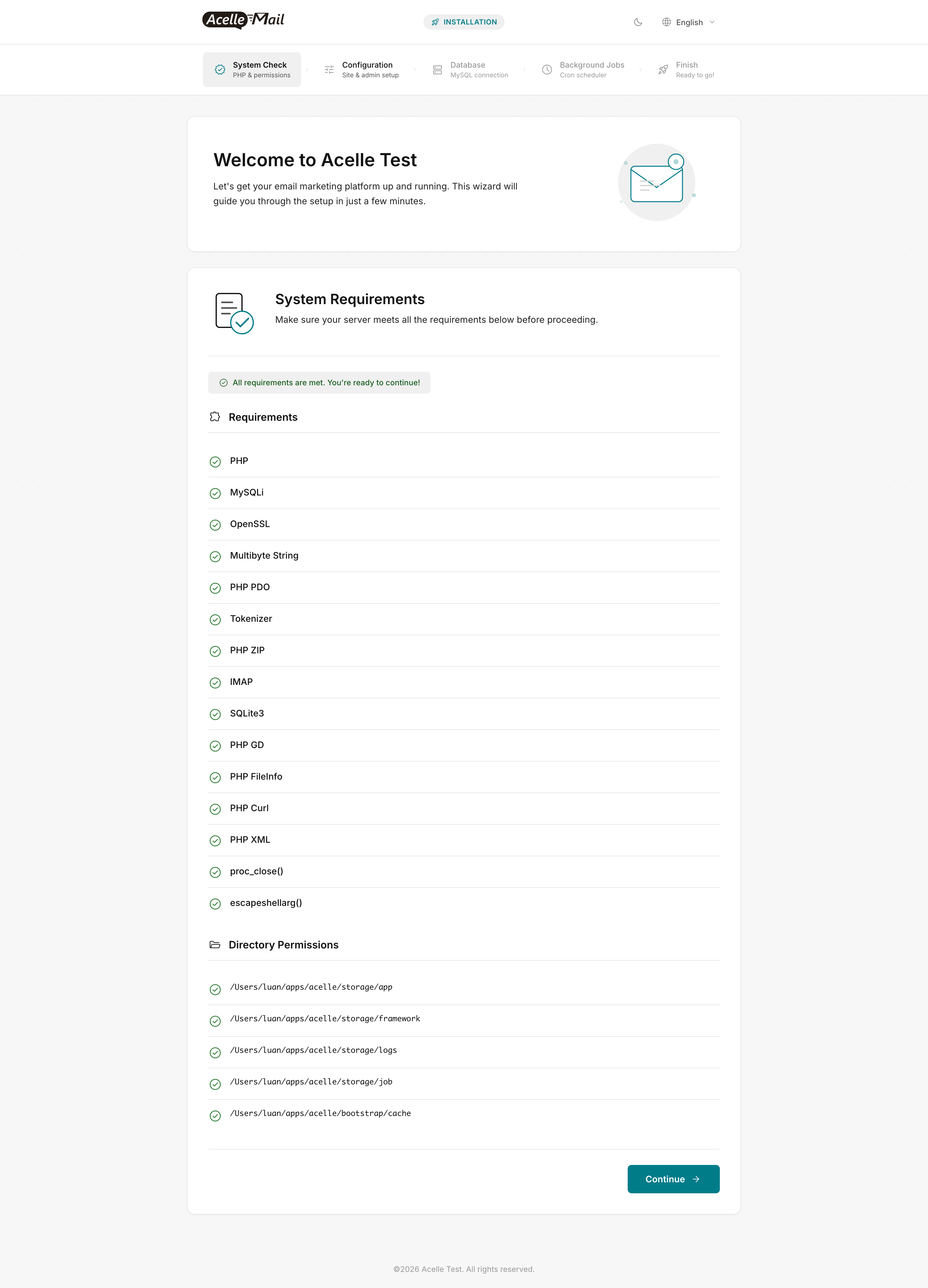 Full system requirements page — 14 PHP requirements all green plus 5 directory permission checks all green, with a Continue button at the bottom