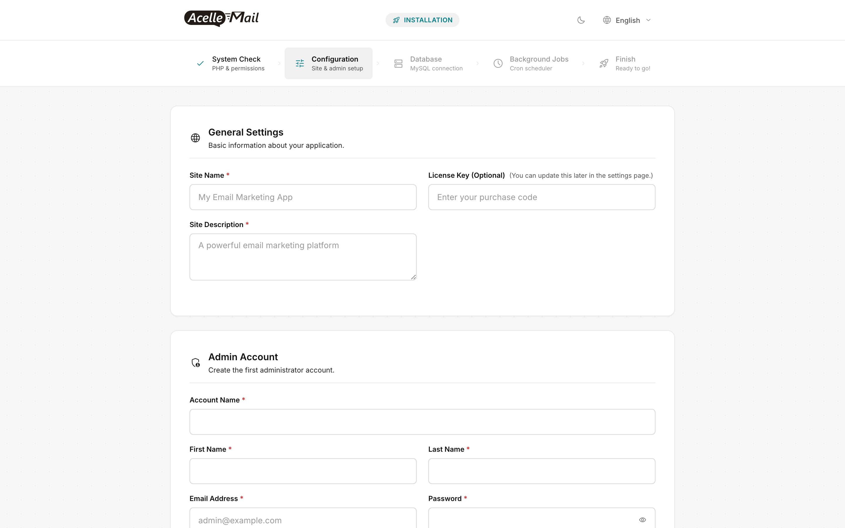 Configuration step showing Site Name + License Key + Site Description fields plus an Admin Account card