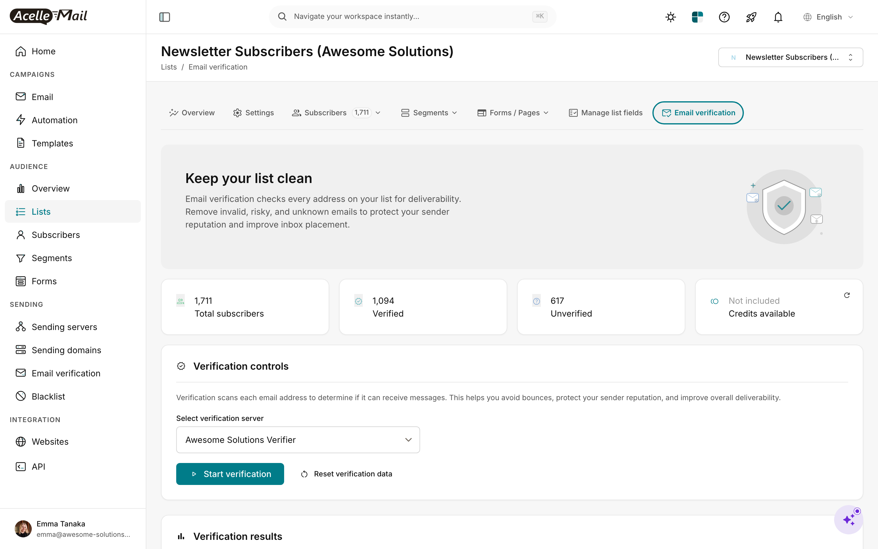 Email verification page for "Newsletter Subscribers" showing a "Keep your list clean" banner, 4 stat cards (1,711 Total subscribers, 1,094 Verified, 617 Unverified, "Not included / Credits available"), Verification controls section with a "Select verification server" dropdown showing "Awesome Solutions Verifier", and a green "Start verification" button next to a "Reset verification data" link