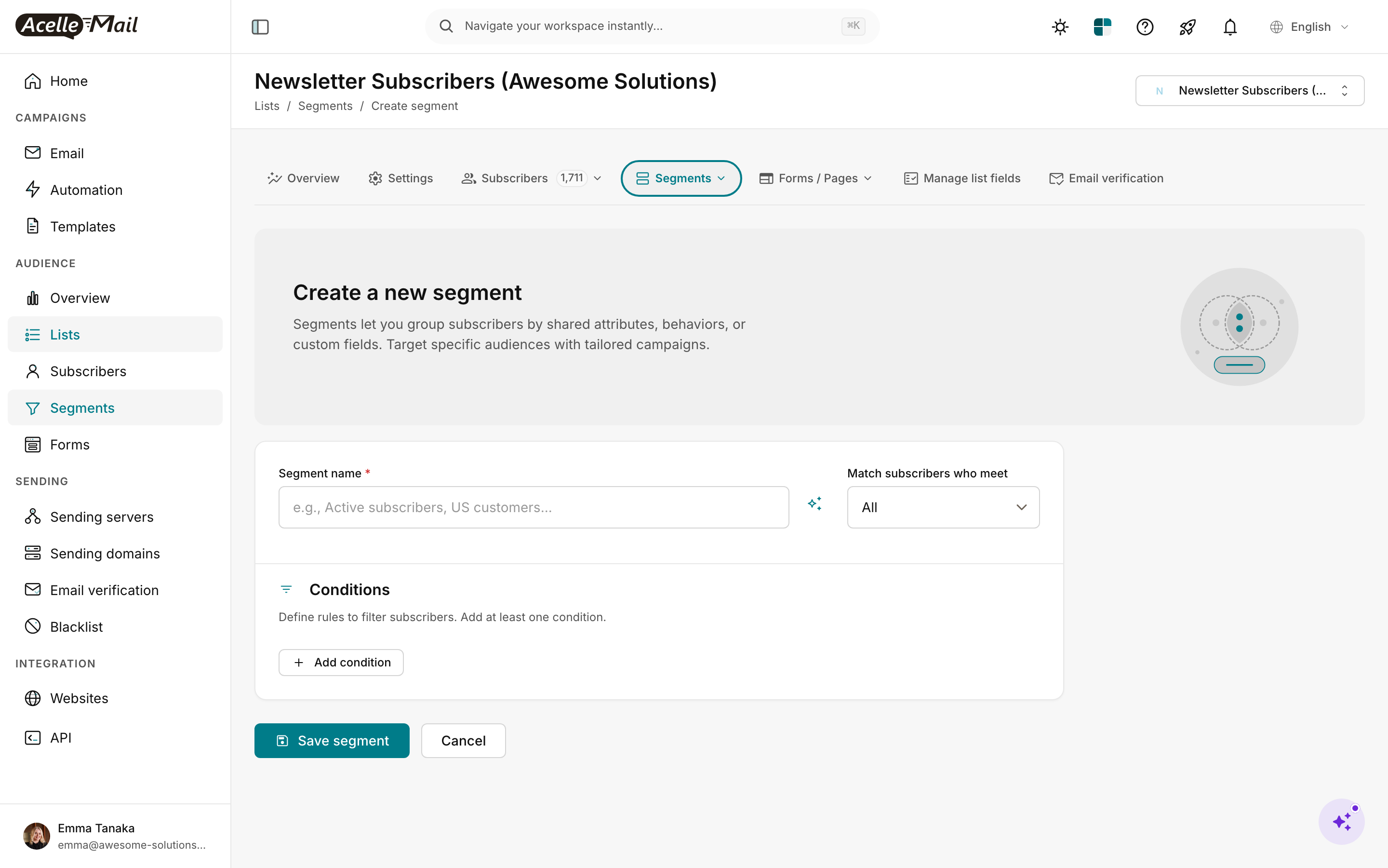 Empty Create segment form with Segment name field showing placeholder "e.g., Active subscribers, US customers...", Match subscribers who meet dropdown defaulted to All, and a Conditions section with an "+ Add condition" button