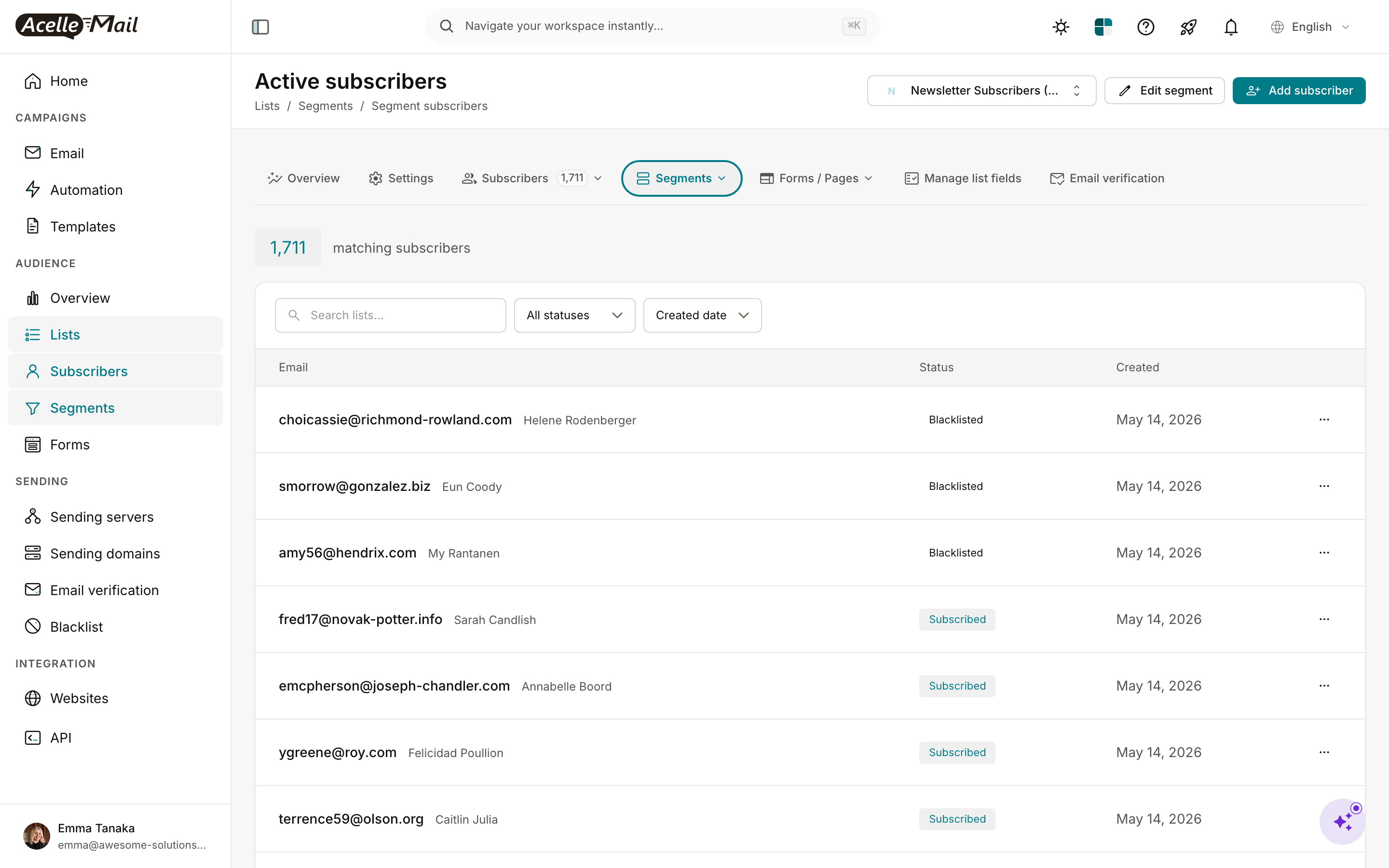Segment subscribers page for "Active subscribers" showing 1,711 matching subscribers in a table with email, name, status, and created date columns, plus filters at top