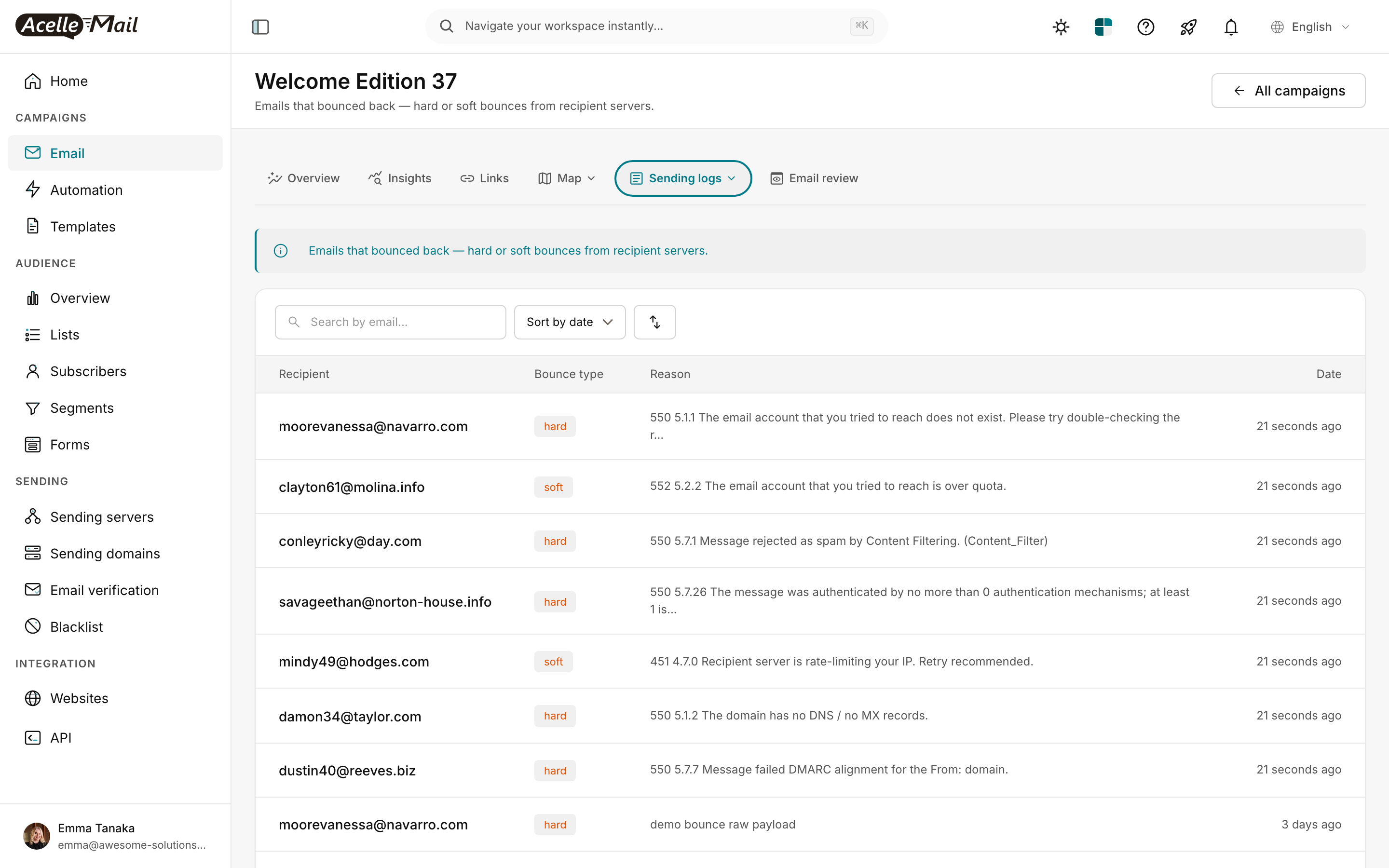 Campaign bounce log — hard/soft type badges, real DSN codes, recipient-by-recipient reason text