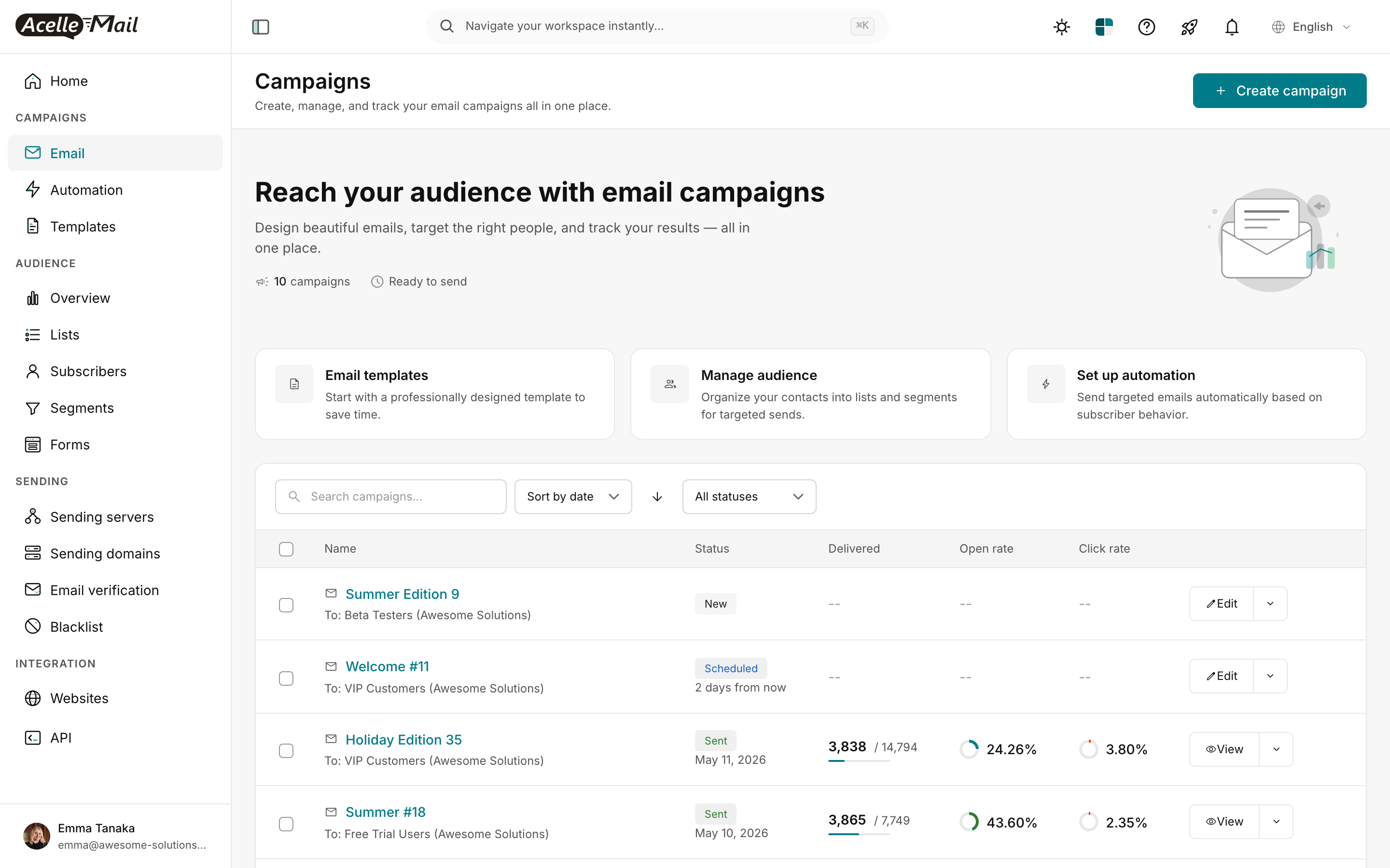Campaign list — Sort by date, status column shows current state per campaign