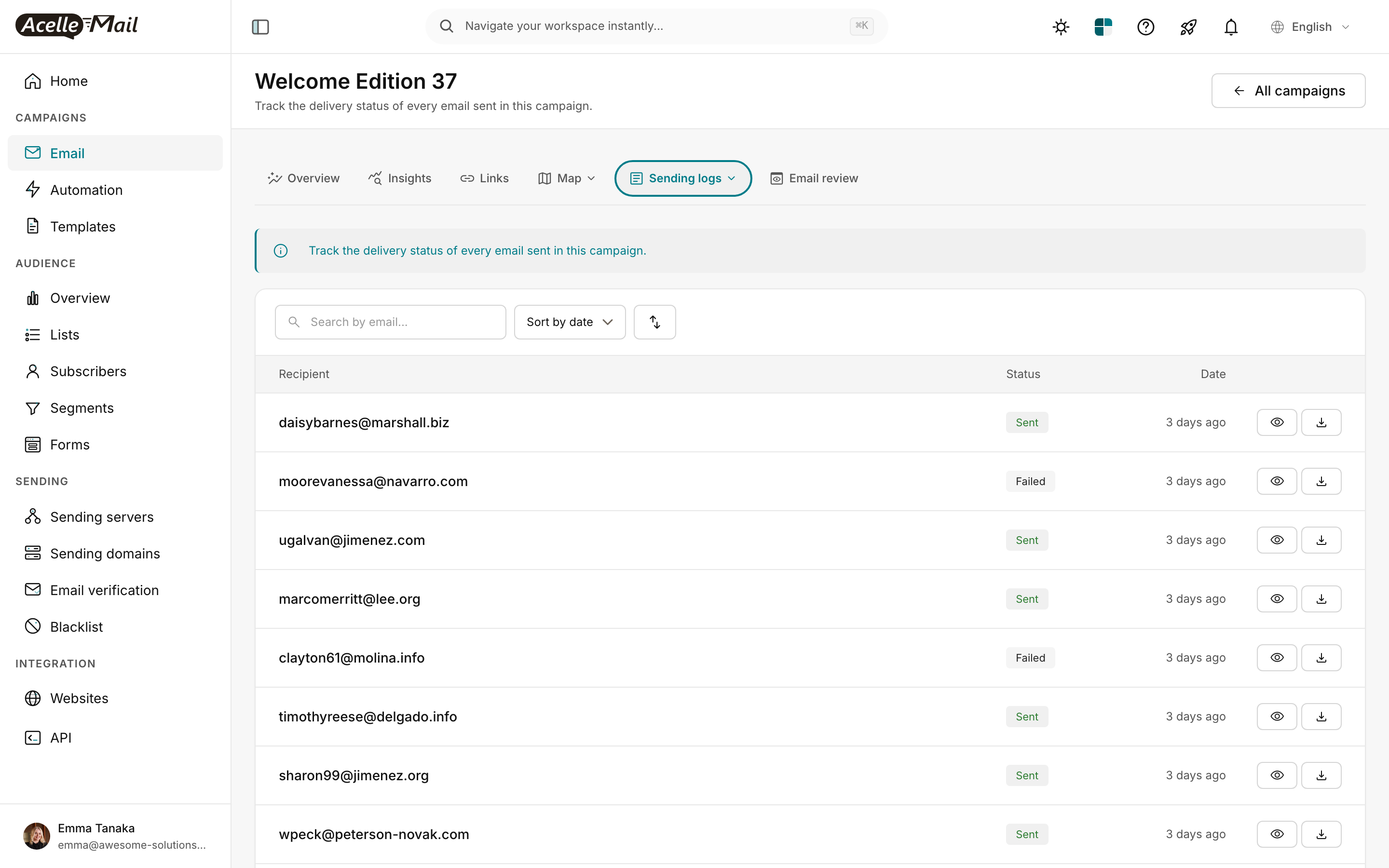 Sending logs — per-recipient delivery status; lets you confirm work has been done even if status looks frozen