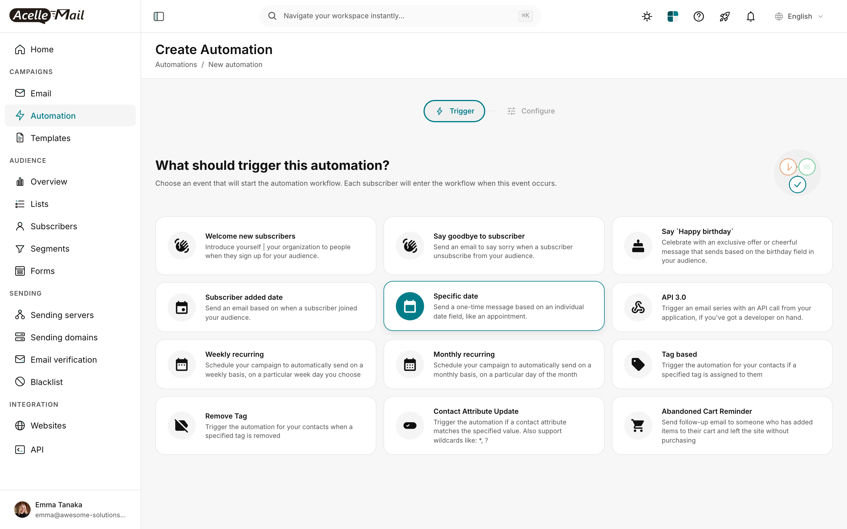 Create Automation trigger picker showing 12 trigger cards: Welcome new subscribers, Say goodbye to subscriber, Say 'Happy birthday', Subscriber added date, Specific date, API 3.0, Weekly recurring, Monthly recurring, Tag based, Remove Tag, Contact Attribute Update, and "Abandoned Cart Reminder — Send follow-up email to someone who has added items to their cart and left the site without purchasing." (bottom right card)